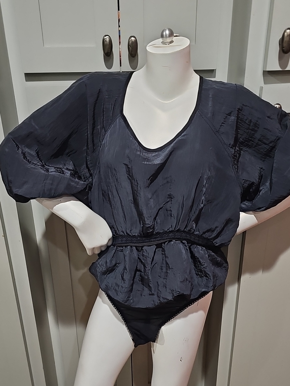 Dark Navy Puff-Sleeve V-Neck Peplum Top